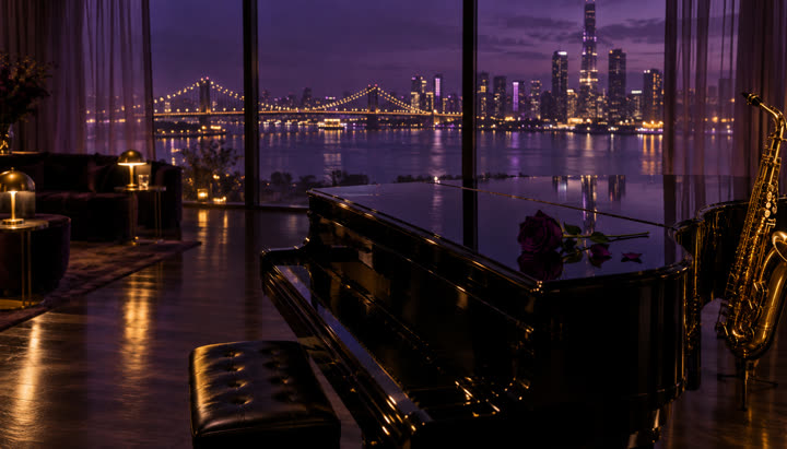 A black grand piano with a purple rose on its lid in a lounge over a violet city skyline