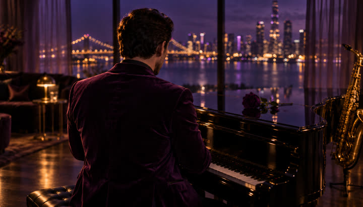 A man in a purple velvet jacket at the piano, seen from behind