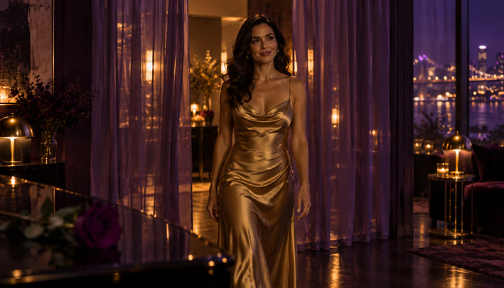 A woman in a gold satin dress walks in through purple curtains
