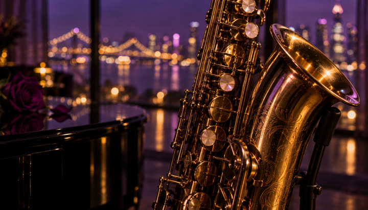 Close view of a golden saxophone with city lights behind