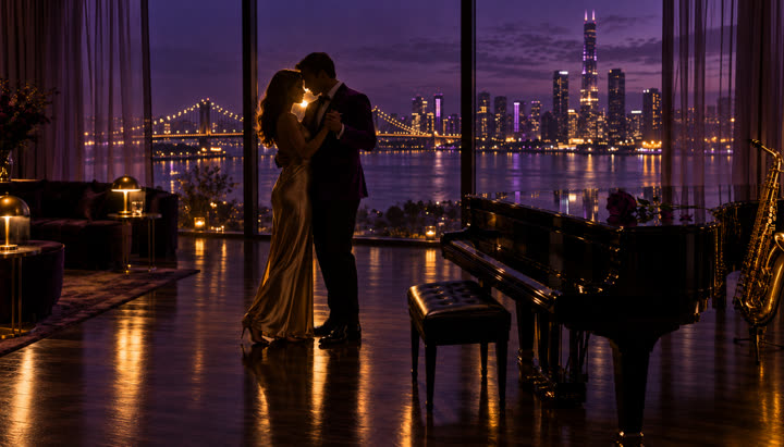 A couple slow dancing as silhouettes in front of tall windows and a night skyline